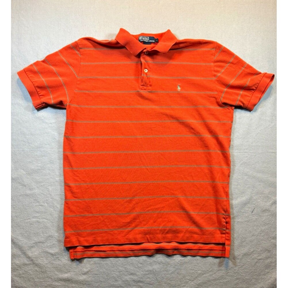 Polo Ralph Lauren Men's Striped Polo Orange/Green Cotton Short Sleeve L